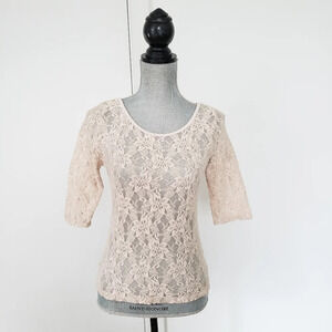 Beige Nutral Short Sleeve See Through Lace Top S